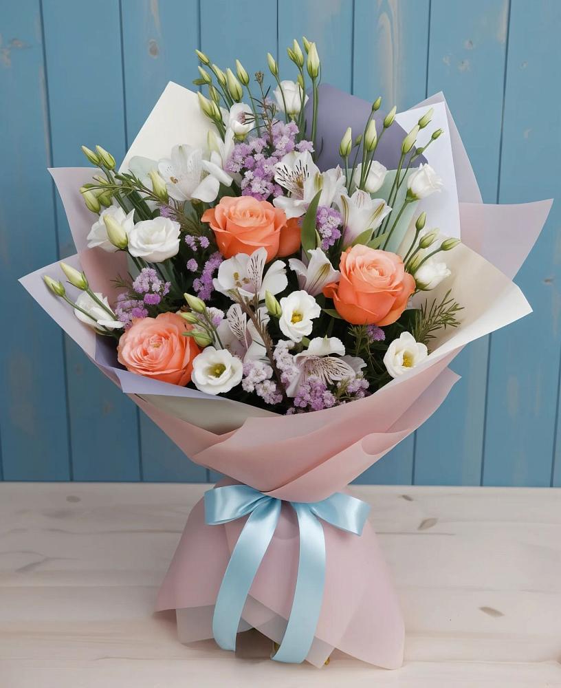 Букет цветов из: Лизиантусы, Розы, Альстромерии и Гипсофила в Вёшенской